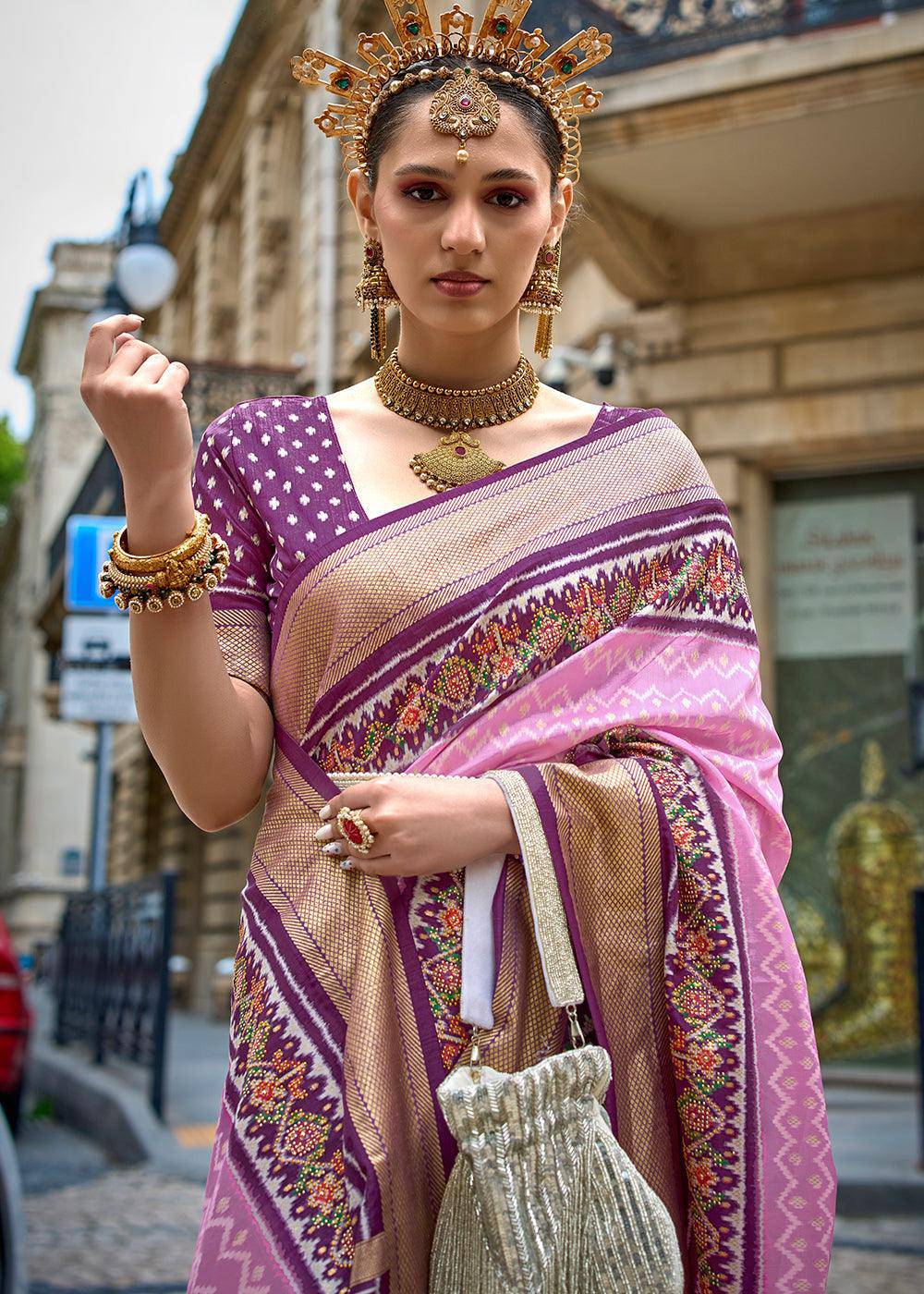 Pink & Purple Patola Printed Viscose Silk Saree | Stitched Blouse - qivii