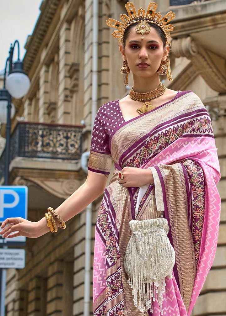 Pink & Purple Patola Printed Viscose Silk Saree | Stitched Blouse - qivii