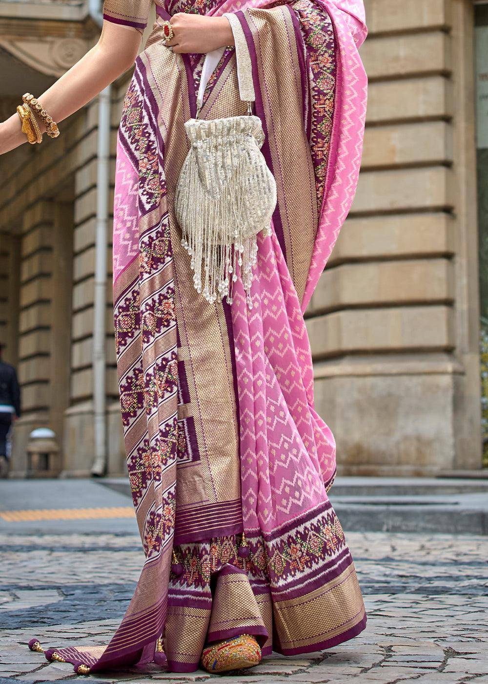 Pink & Purple Patola Printed Viscose Silk Saree | Stitched Blouse - qivii