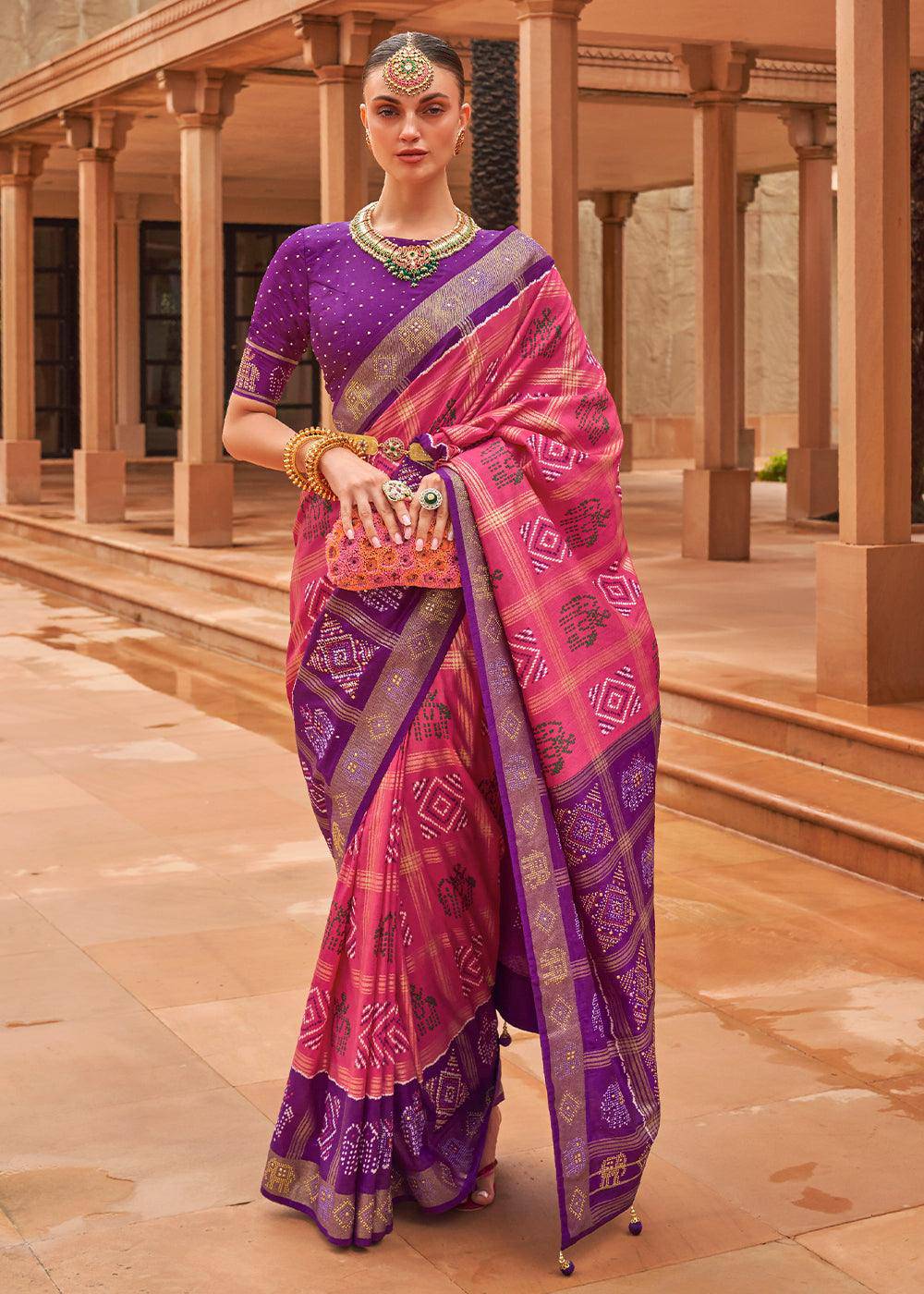 Pink & Purple Printed Patola Silk Saree with Swaroski Work | Stitched Blouse - qivii