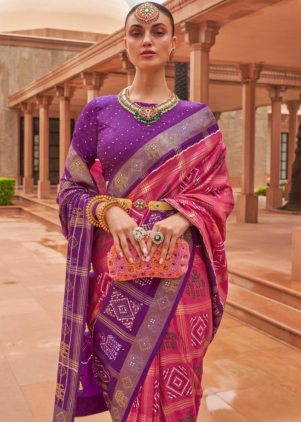 Pink & Purple Printed Patola Silk Saree with Swaroski Work | Stitched Blouse - qivii