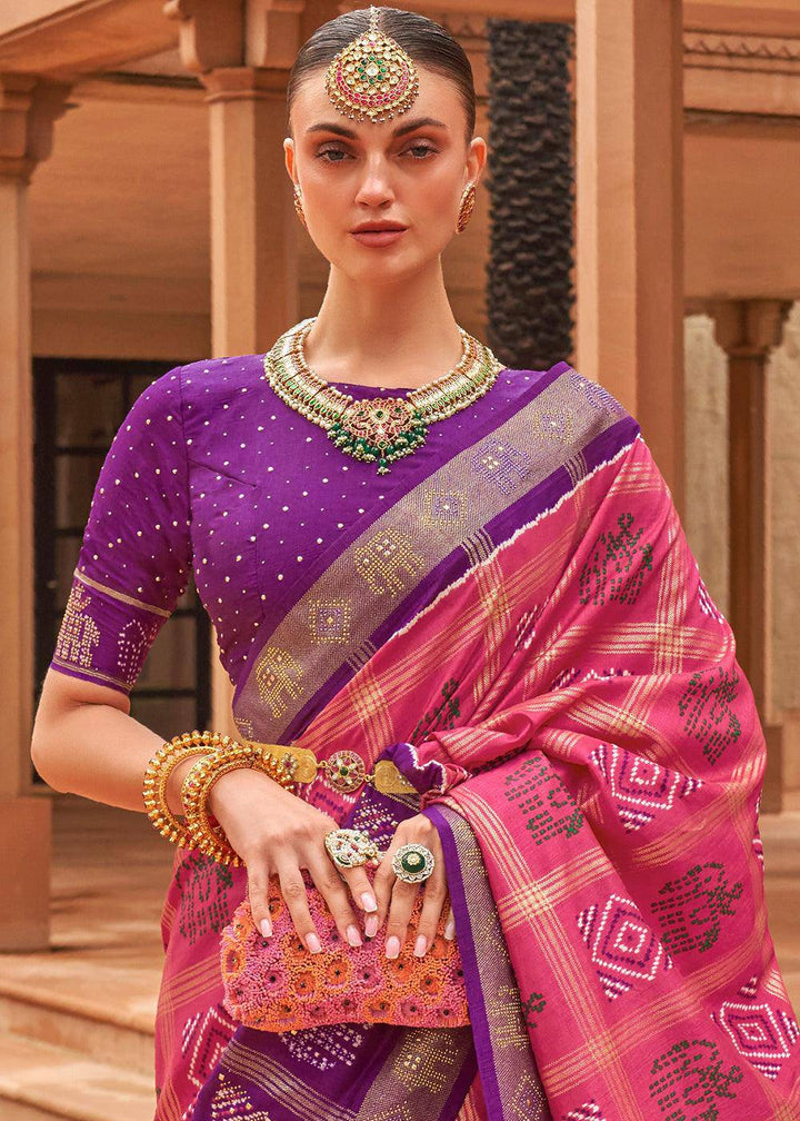 Pink & Purple Printed Patola Silk Saree with Swaroski Work | Stitched Blouse - qivii