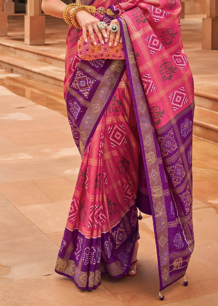 Pink & Purple Printed Patola Silk Saree with Swaroski Work | Stitched Blouse - qivii