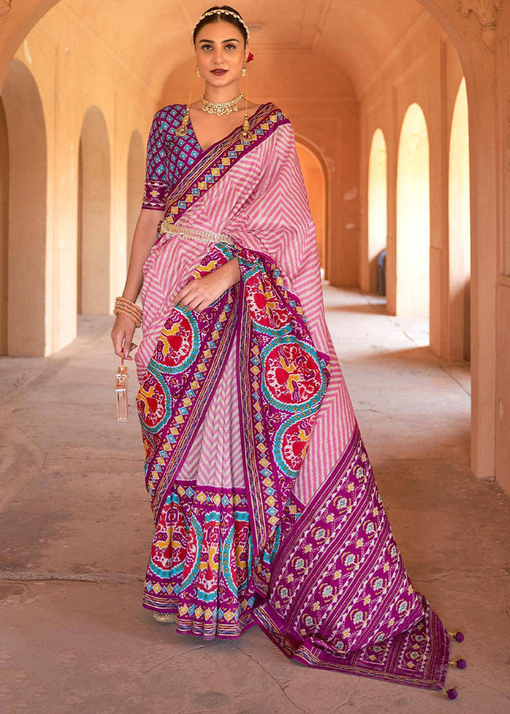 Pink & Purple Printed Patola Silk Saree with Zari Border & Tassels on Pallu | Stitched Blouse - qivii