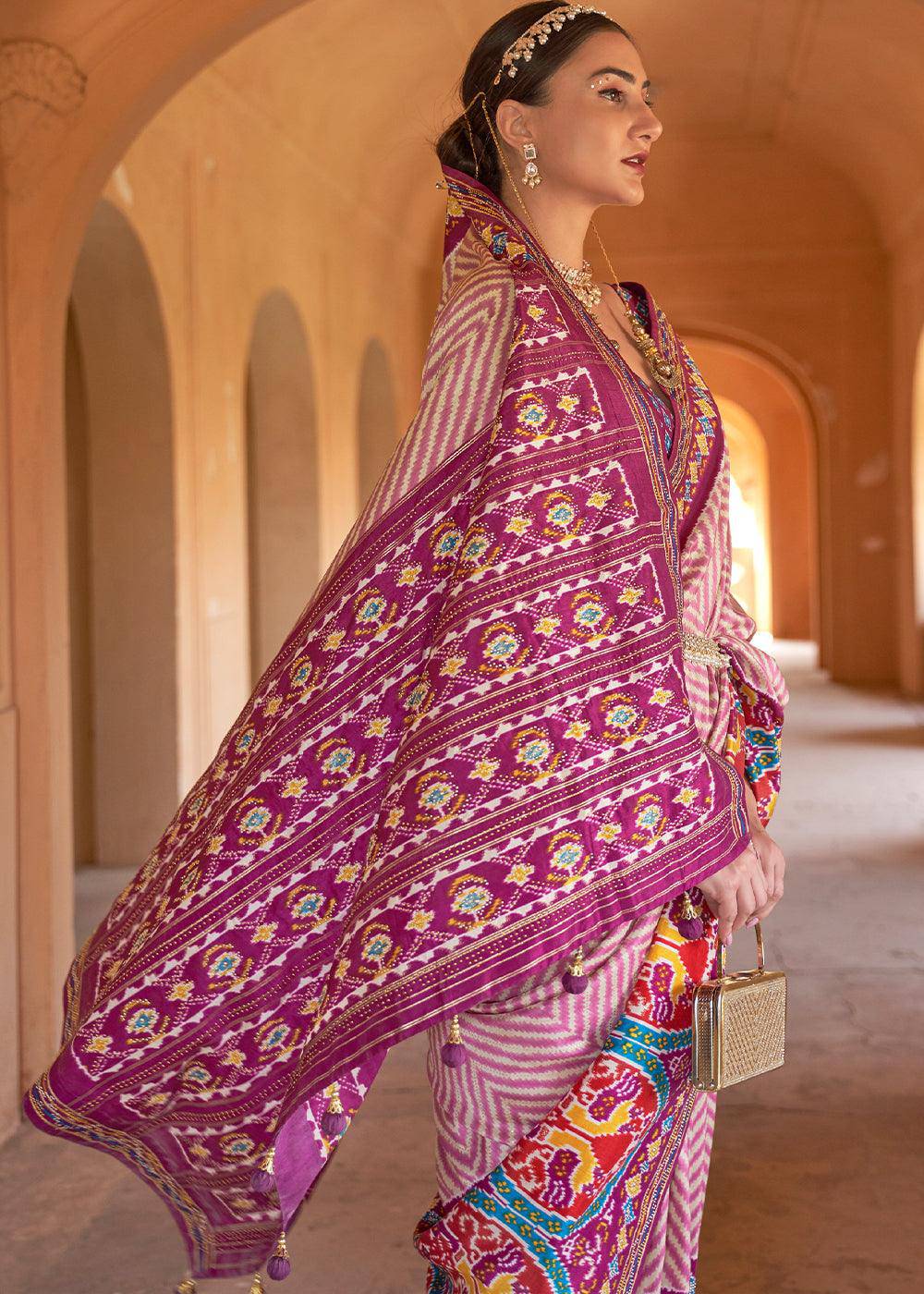 Pink & Purple Printed Patola Silk Saree with Zari Border & Tassels on Pallu | Stitched Blouse - qivii