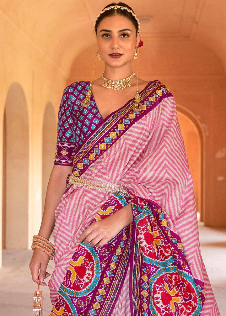 Pink & Purple Printed Patola Silk Saree with Zari Border & Tassels on Pallu | Stitched Blouse - qivii