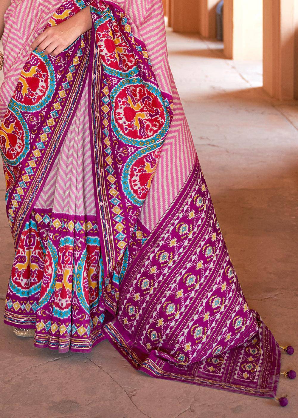 Pink & Purple Printed Patola Silk Saree with Zari Border & Tassels on Pallu | Stitched Blouse - qivii