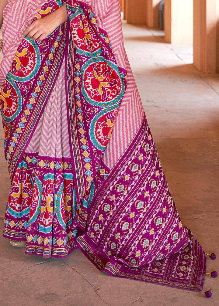 Pink & Purple Printed Patola Silk Saree with Zari Border & Tassels on Pallu | Stitched Blouse - qivii