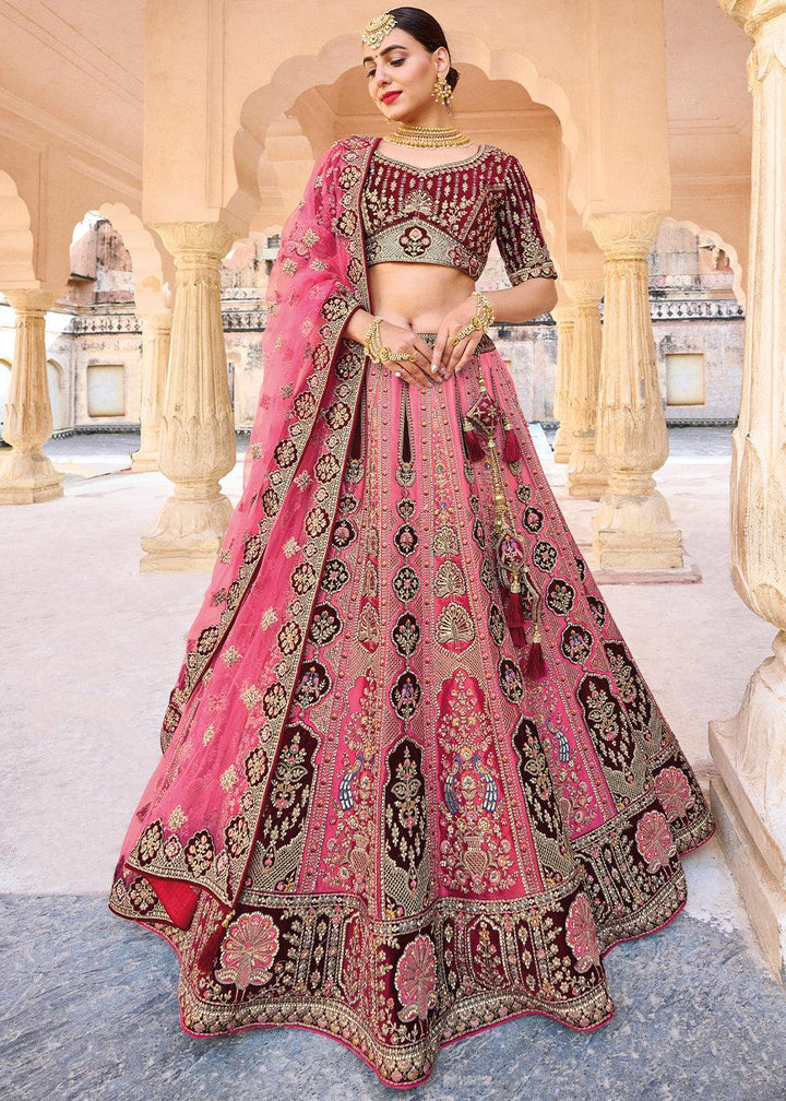 Pink & Red Velvet Lehenga Choli with Heavy Embroidery Work - qivii