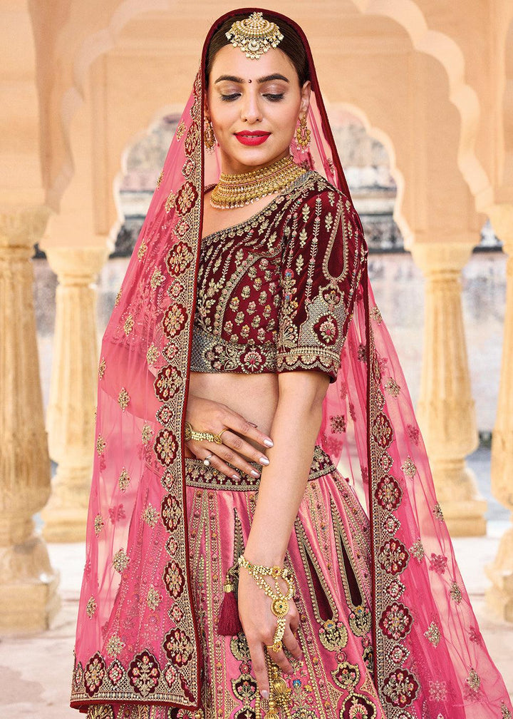 Pink & Red Velvet Lehenga Choli with Heavy Embroidery Work - qivii