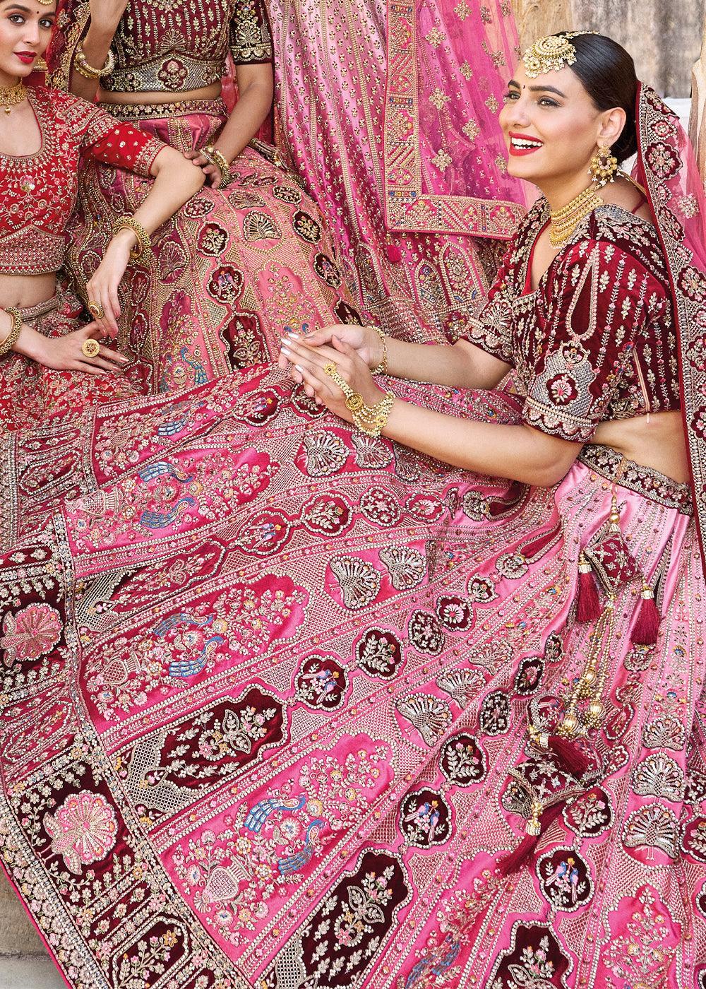 Pink & Red Velvet Lehenga Choli with Heavy Embroidery Work - qivii