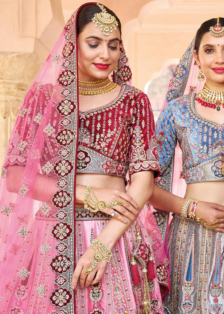 Pink & Red Velvet Lehenga Choli with Heavy Embroidery Work - qivii