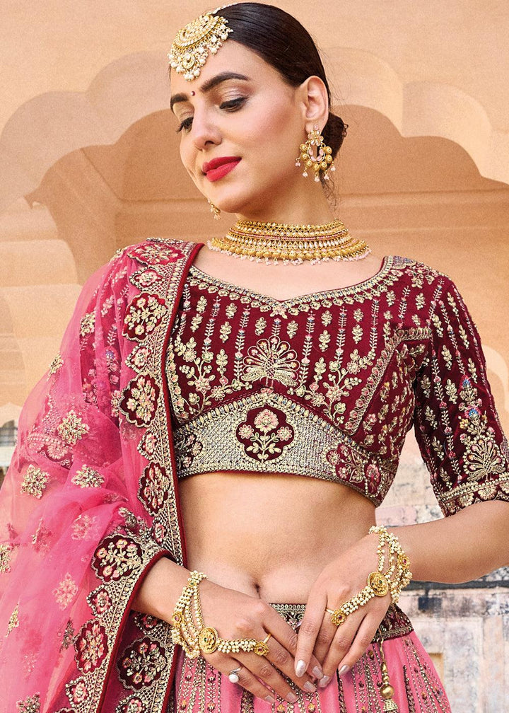 Pink & Red Velvet Lehenga Choli with Heavy Embroidery Work - qivii