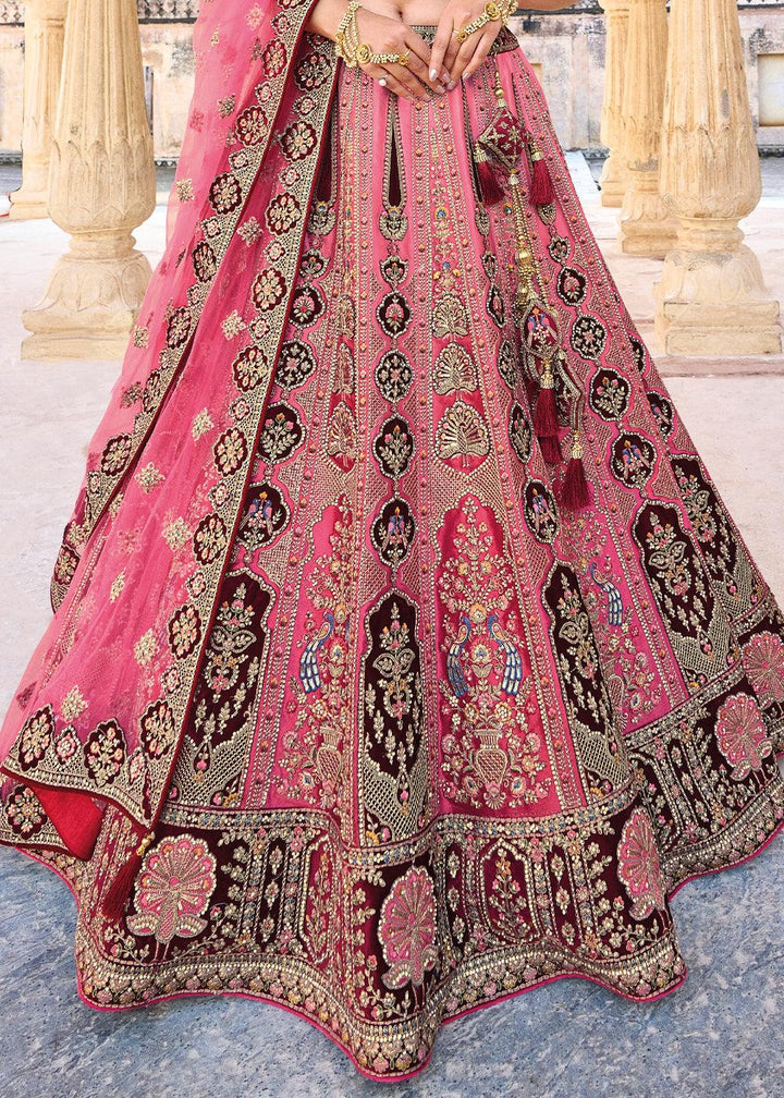 Pink & Red Velvet Lehenga Choli with Heavy Embroidery Work - qivii