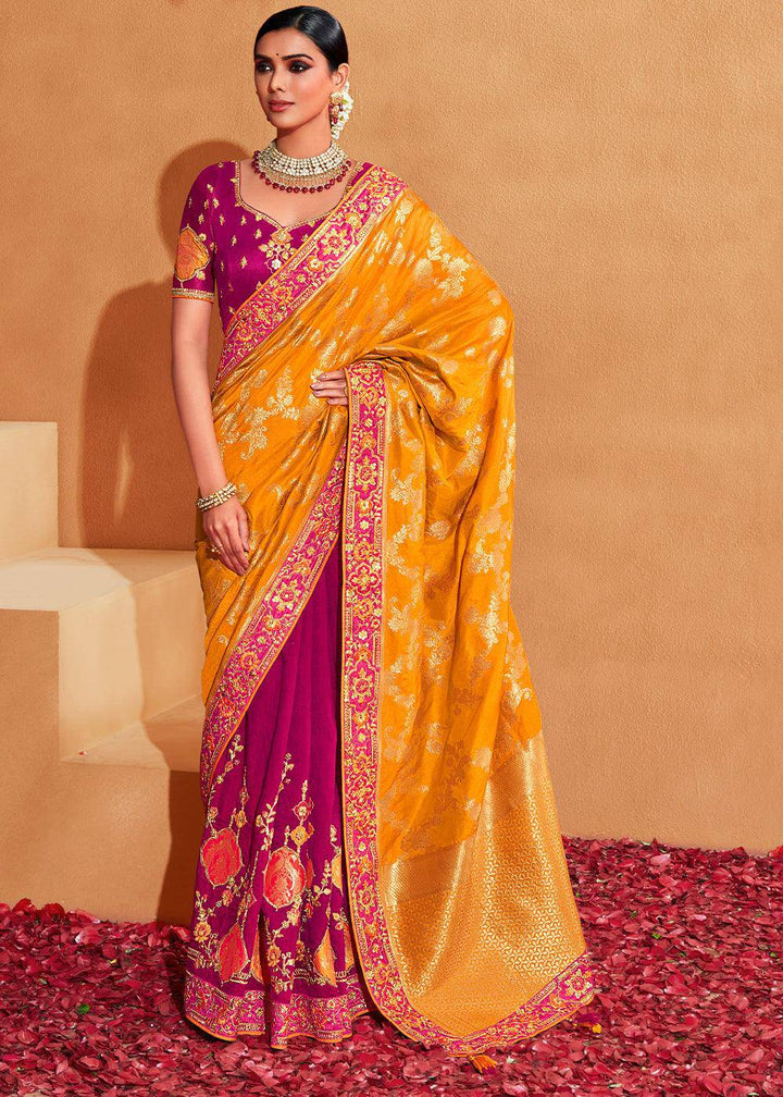 Pink & Yellow Half N Half Heavy Embroidered Banarasi Silk Saree | Stitched Blouse - qivii