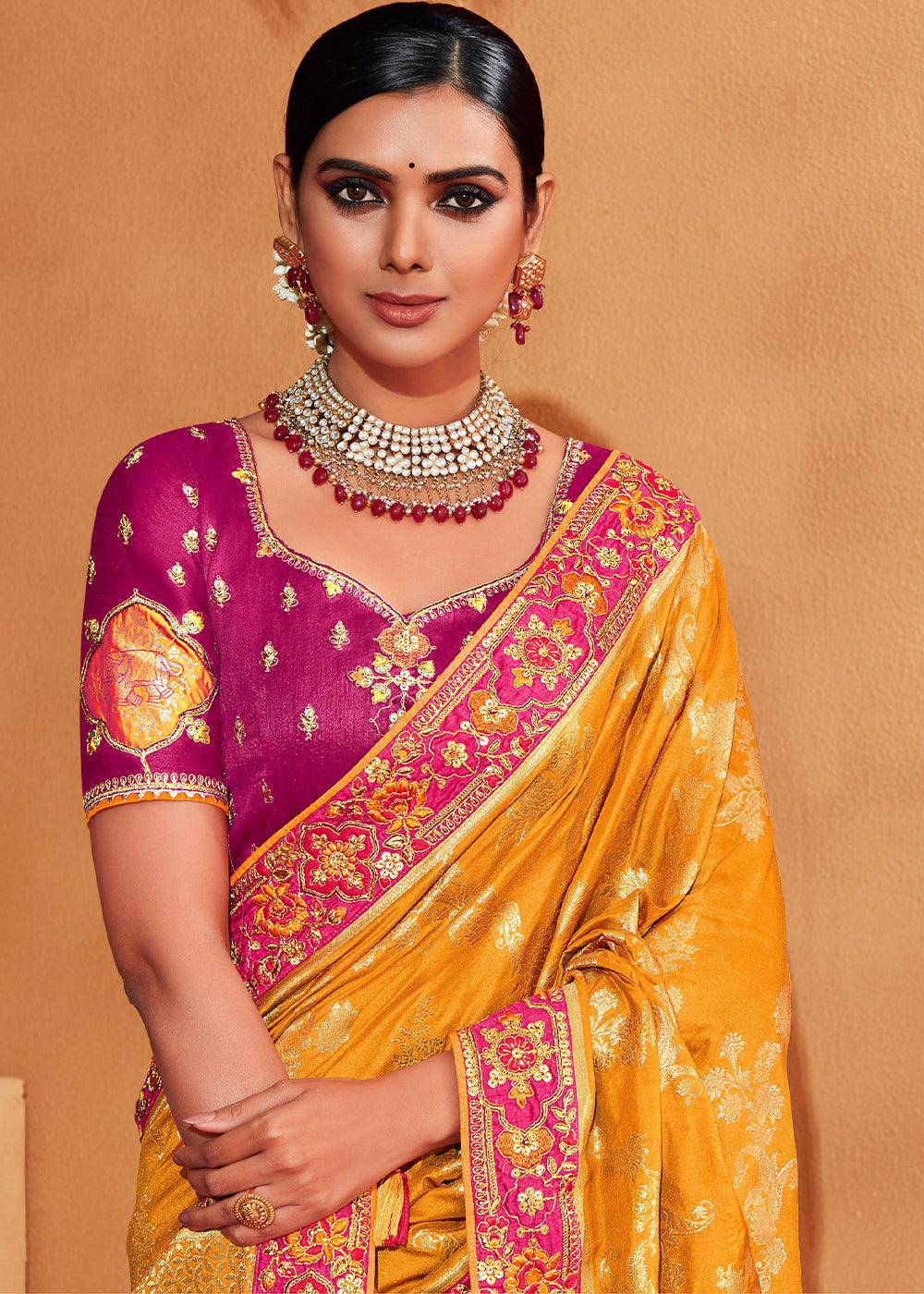 Pink & Yellow Half N Half Heavy Embroidered Banarasi Silk Saree | Stitched Blouse - qivii