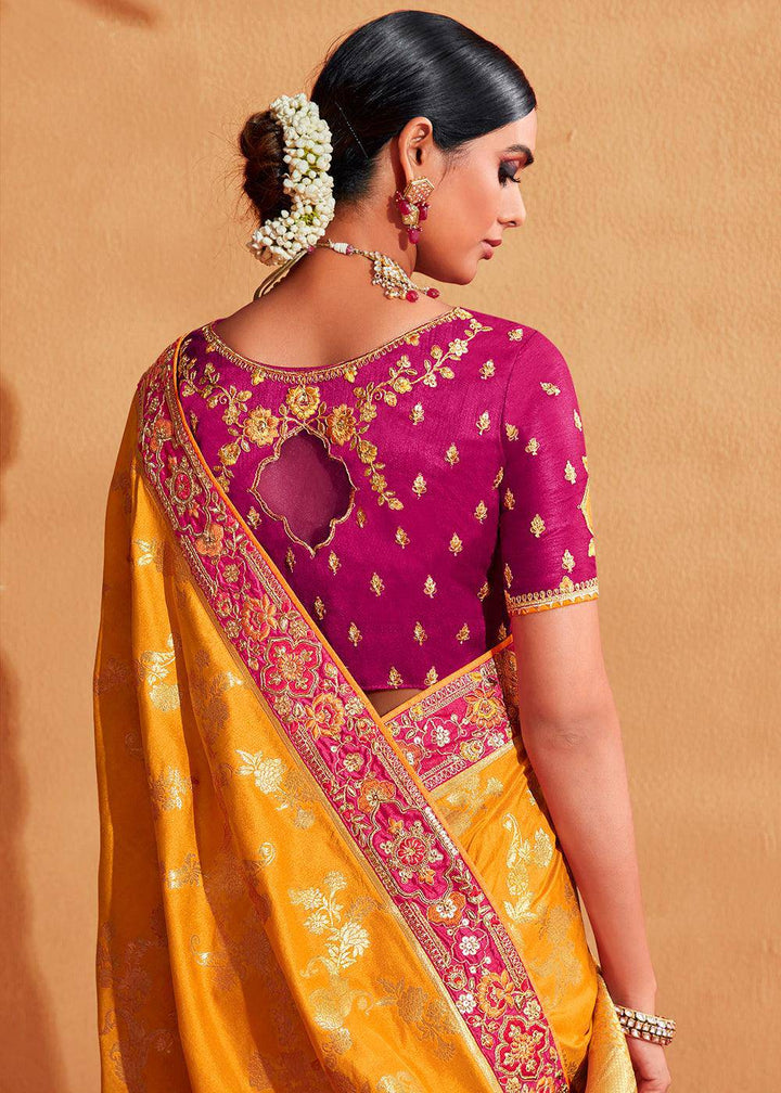 Pink & Yellow Half N Half Heavy Embroidered Banarasi Silk Saree | Stitched Blouse - qivii