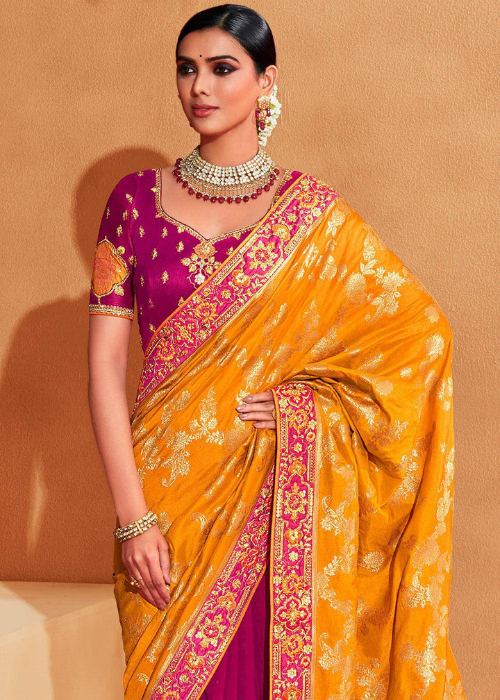 Pink & Yellow Half N Half Heavy Embroidered Banarasi Silk Saree | Stitched Blouse - qivii