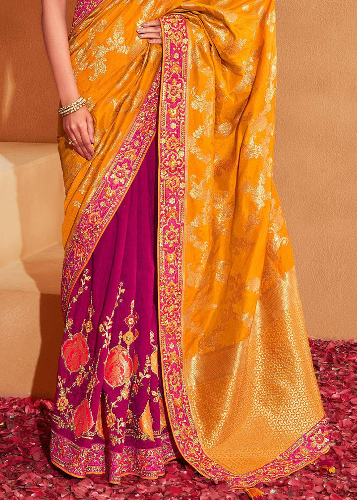 Pink & Yellow Half N Half Heavy Embroidered Banarasi Silk Saree | Stitched Blouse - qivii