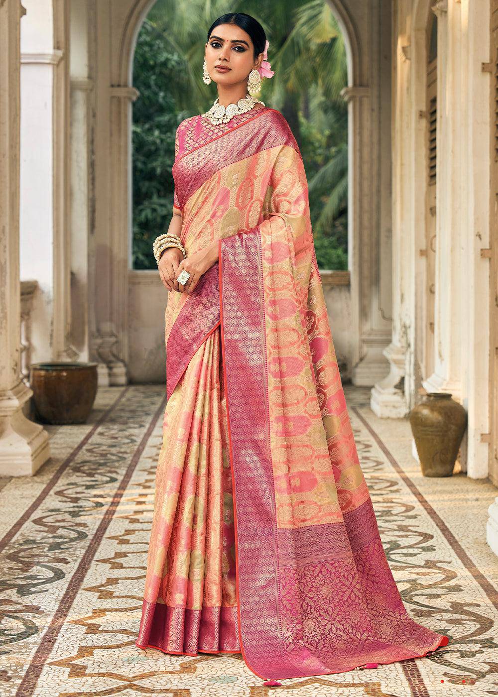 Pink & Yellow Zari Woven Organza Silk Saree | Stitched Blouse - qivii