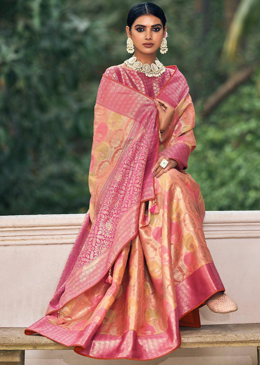 Pink & Yellow Zari Woven Organza Silk Saree | Stitched Blouse - qivii