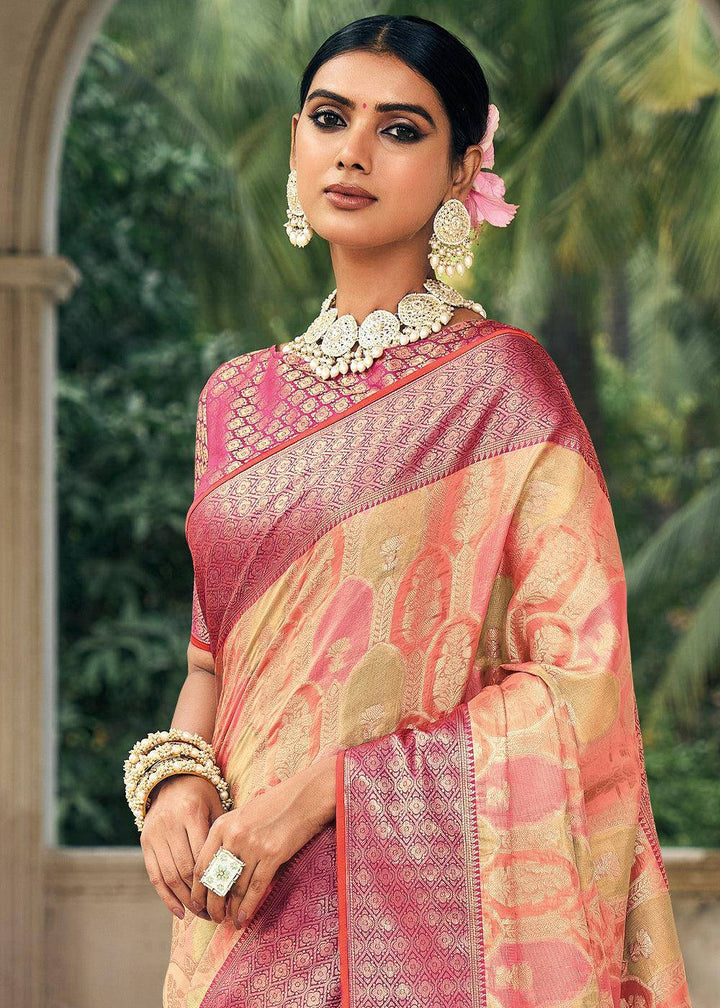 Pink & Yellow Zari Woven Organza Silk Saree | Stitched Blouse - qivii