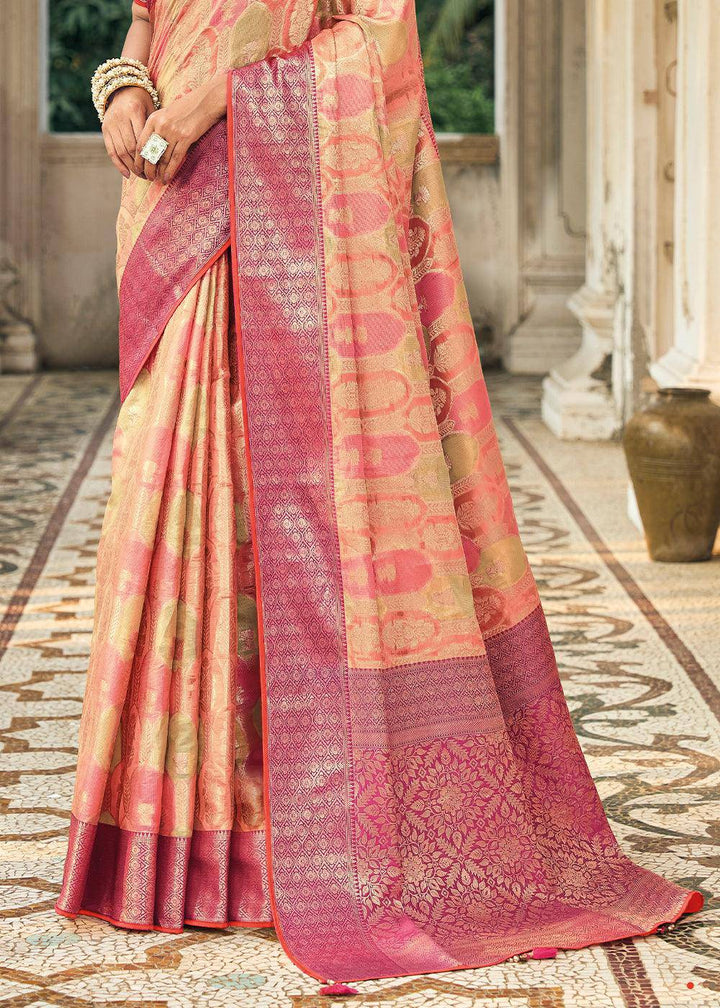 Pink & Yellow Zari Woven Organza Silk Saree | Stitched Blouse - qivii