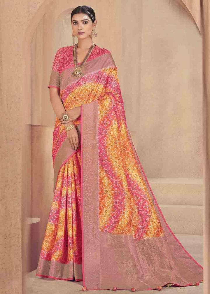 Pink & Yellow Zari Woven Raw Silk Saree | Stitched Blouse - qivii