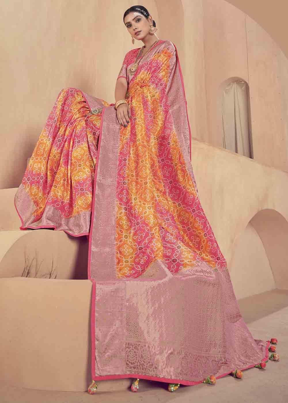 Pink & Yellow Zari Woven Raw Silk Saree | Stitched Blouse - qivii