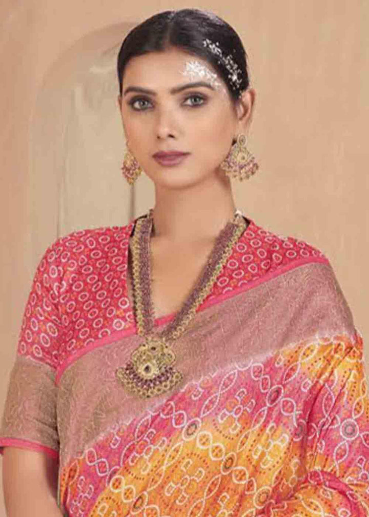 Pink & Yellow Zari Woven Raw Silk Saree | Stitched Blouse - qivii