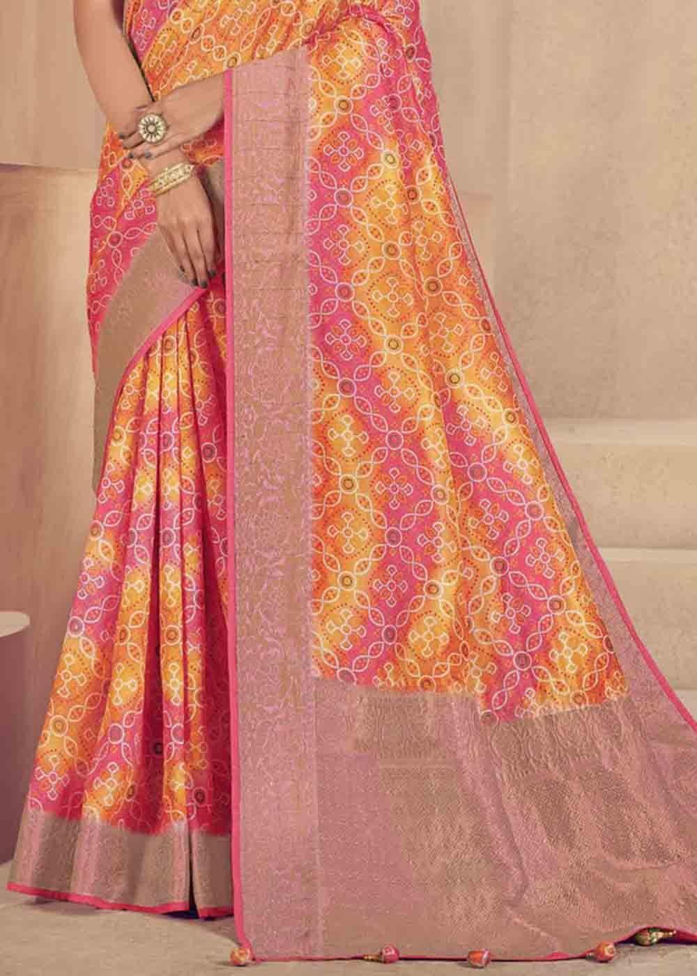 Pink & Yellow Zari Woven Raw Silk Saree | Stitched Blouse - qivii