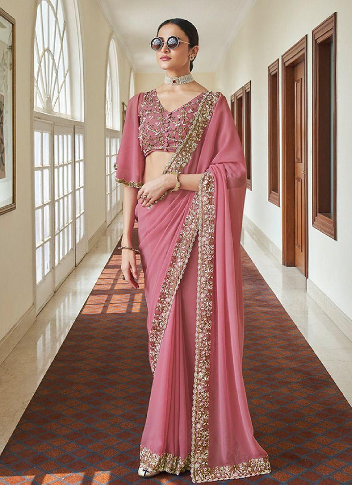 Pink Color Wedding Wear Heavy Thread And Zari Work Saree  - By Kreeva