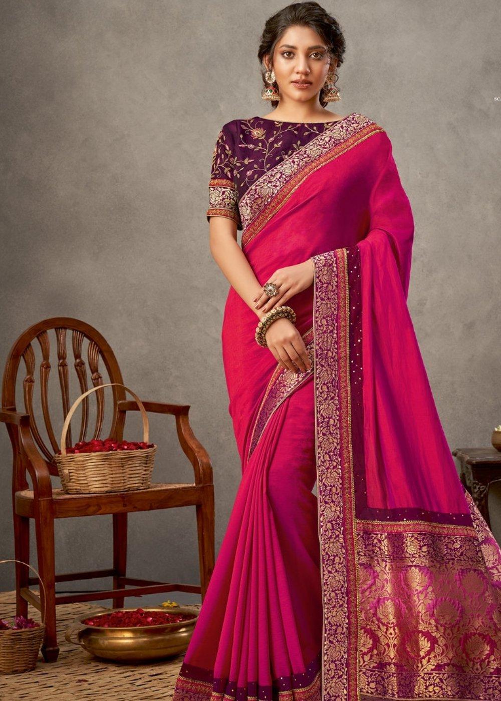 Pink Dual Tone Georgette Silk Saree with Thread, Zari & Cord Embroidery | Stitched Blouse - qivii