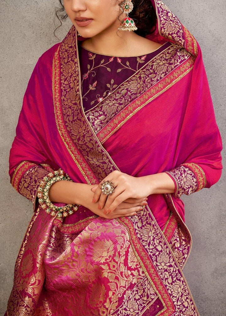 Pink Dual Tone Georgette Silk Saree with Thread, Zari & Cord Embroidery | Stitched Blouse - qivii