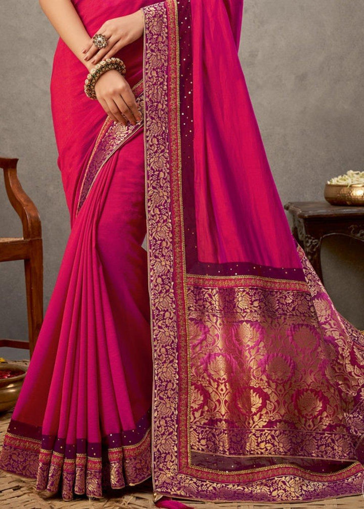 Pink Dual Tone Georgette Silk Saree with Thread, Zari & Cord Embroidery | Stitched Blouse - qivii