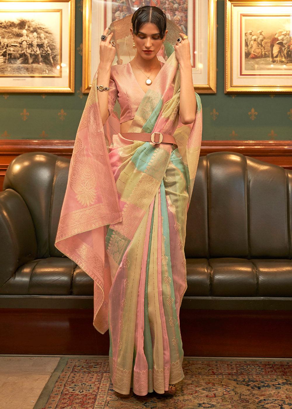 Pink Multicolour Woven Organza Silk Saree | Stitched Blouse - qivii