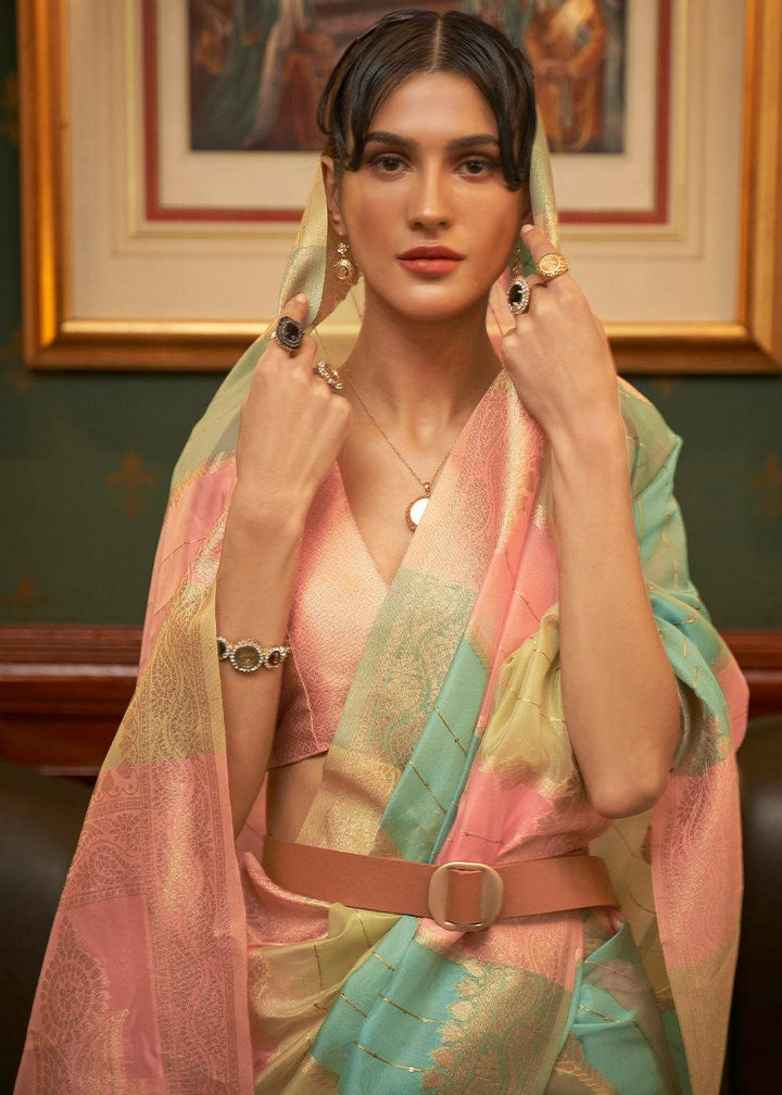 Pink Multicolour Woven Organza Silk Saree | Stitched Blouse - qivii