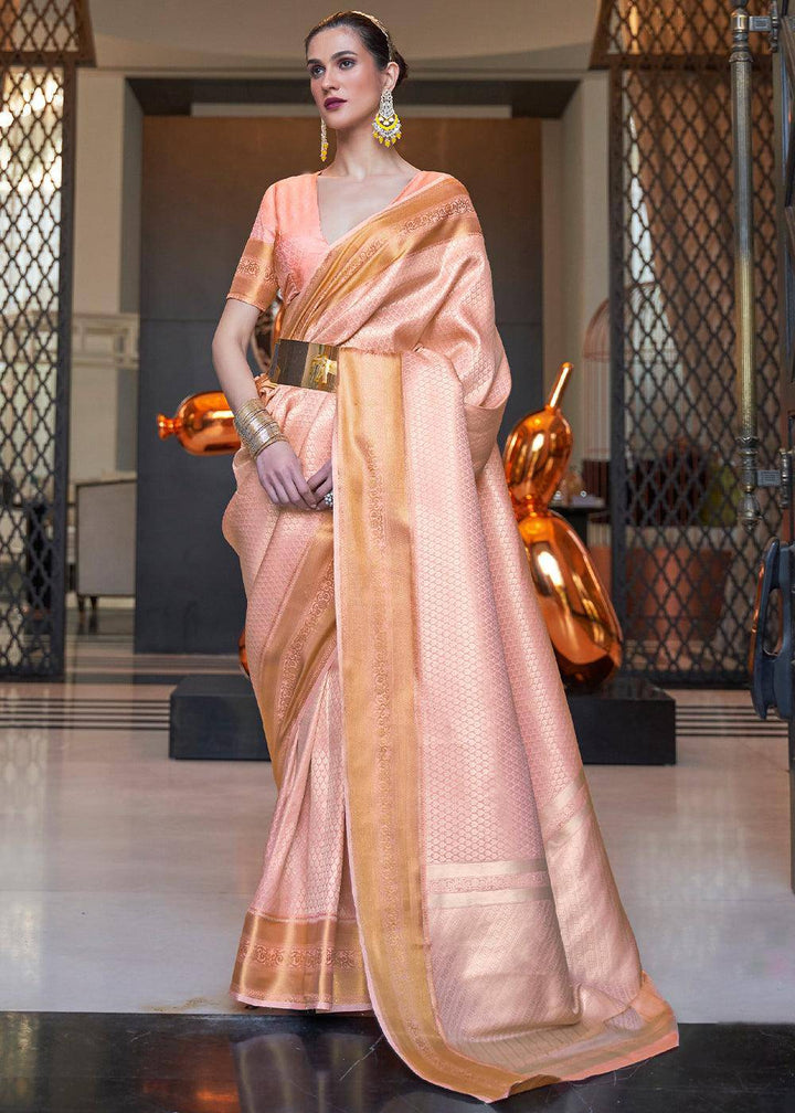 Pink Orange Woven Soft Silk Saree | Stitched Blouse - qivii