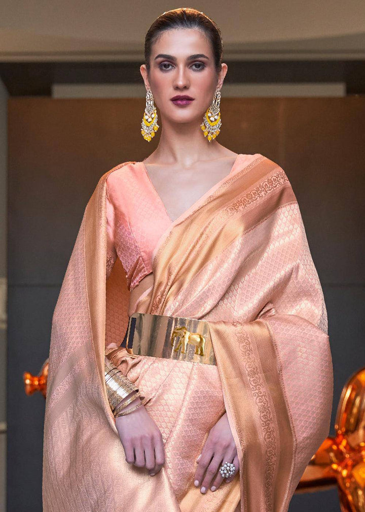 Pink Orange Woven Soft Silk Saree | Stitched Blouse - qivii