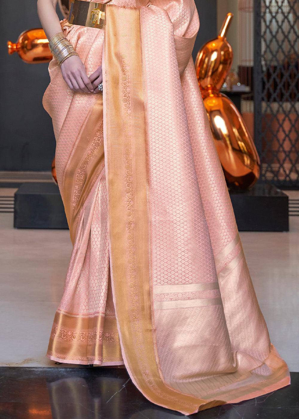 Pink Orange Woven Soft Silk Saree | Stitched Blouse - qivii