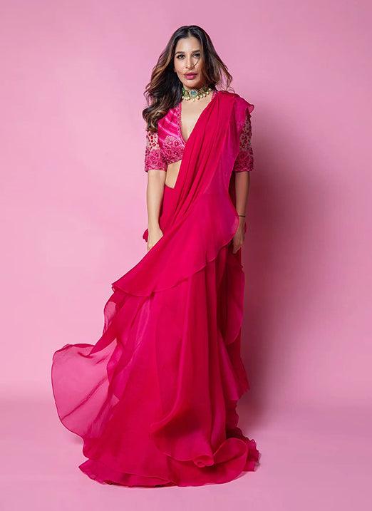 Pink Organza Saree with Sequins Thread and Mukaish Work by Qivii