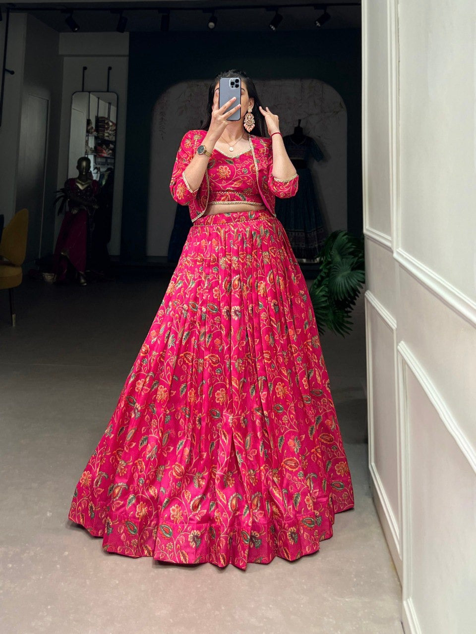 Pink Tussar Silk Floral Lehenga with Gota Patti