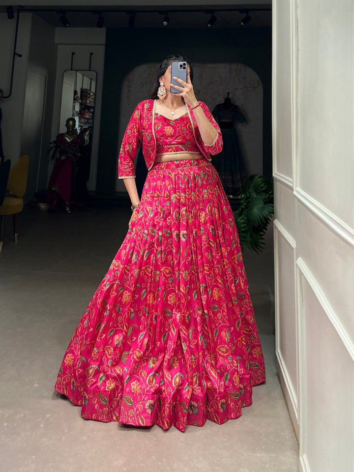 Pink Tussar Silk Floral Lehenga with Gota Patti