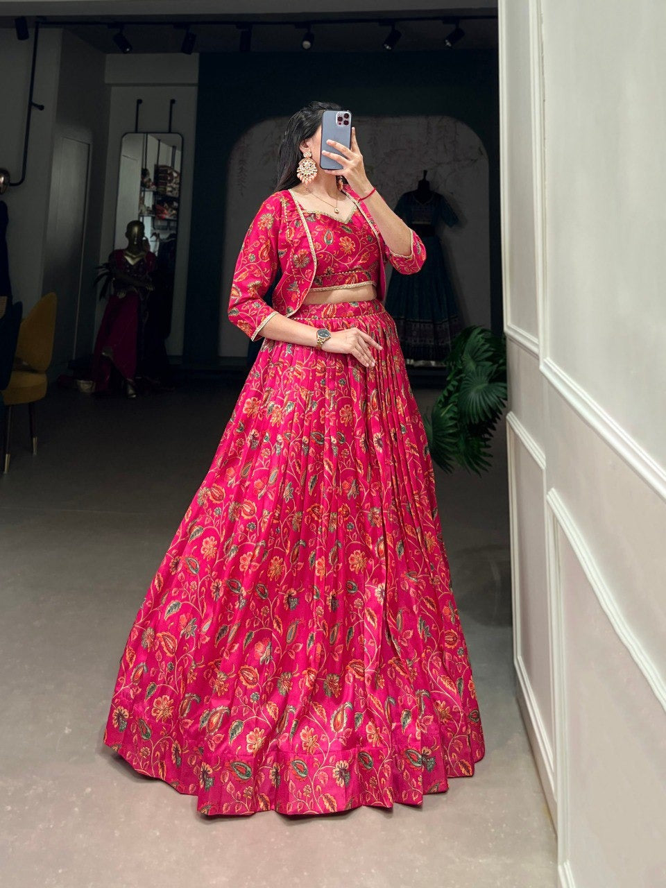 Pink Tussar Silk Floral Lehenga with Gota Patti