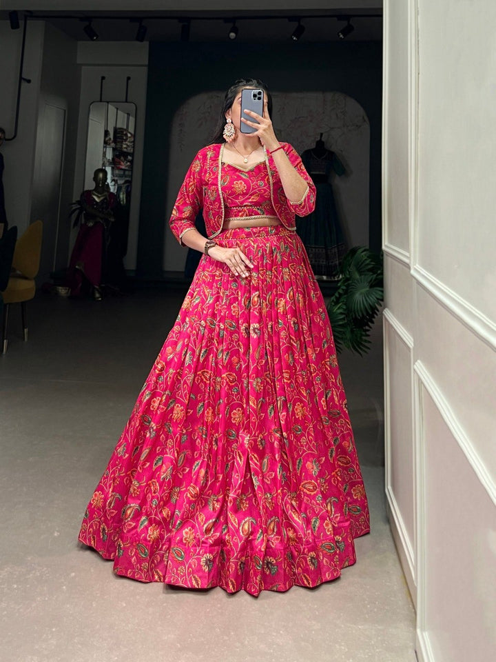 Pink Tussar Silk Floral Lehenga with Gota Patti