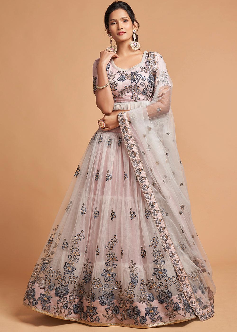 Pinkish Grey Designer Soft Net Lehenga Choli with Thread, Dori, Zari & Sequins work - qivii