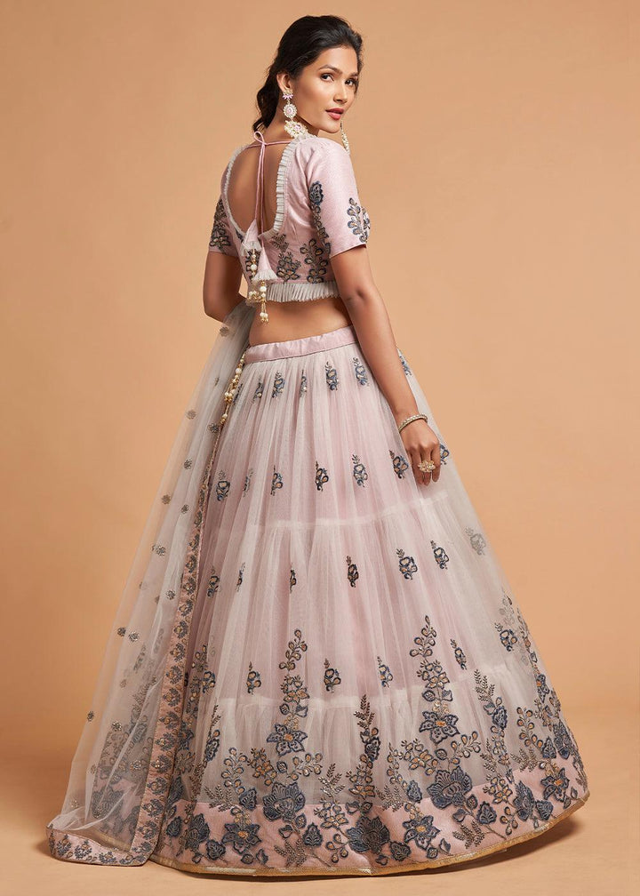 Pinkish Grey Designer Soft Net Lehenga Choli with Thread, Dori, Zari & Sequins work - qivii