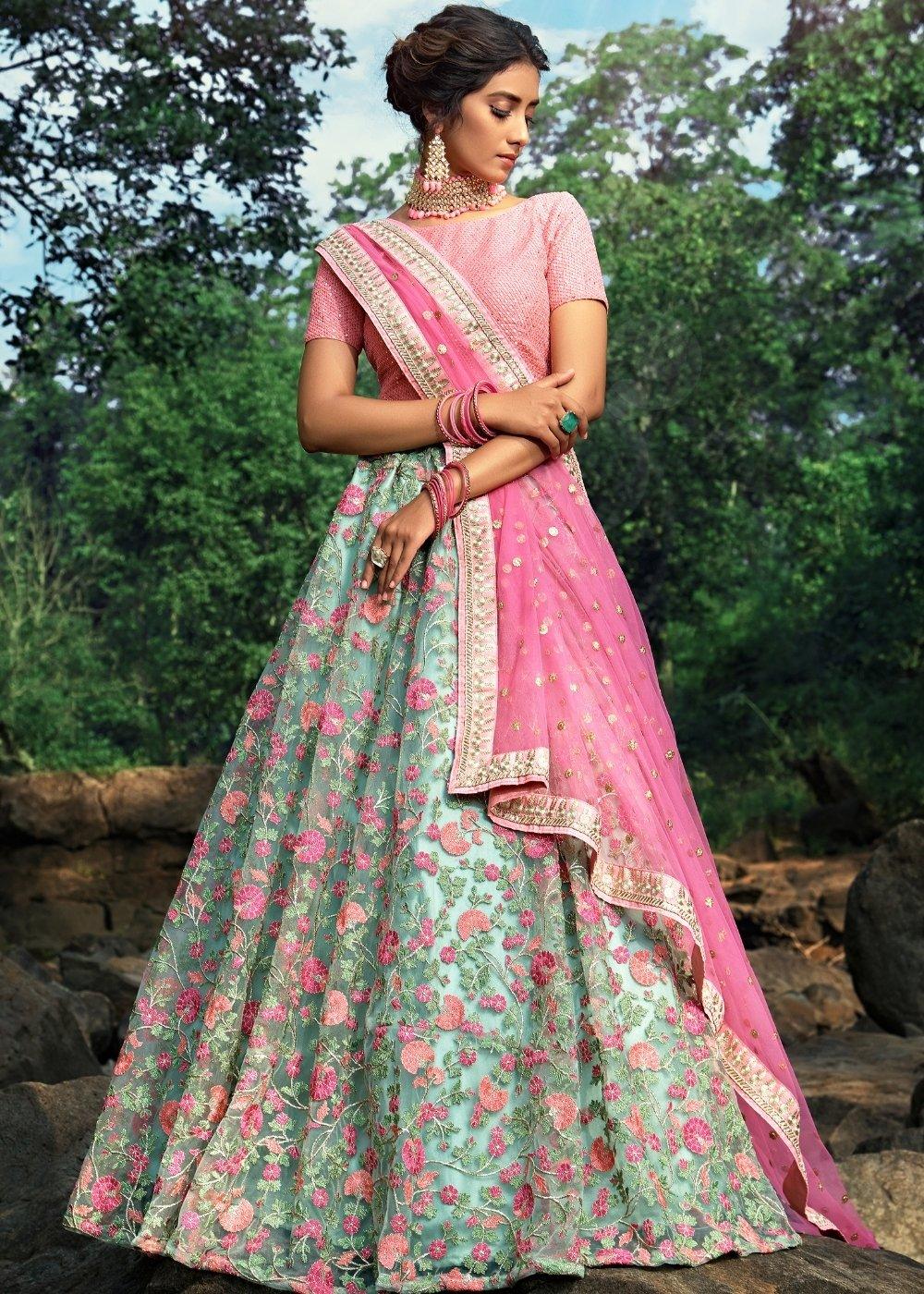 Pista Green & Pink Designer Soft Net Lehenga Choli with Sequins, Thread & Zari work - qivii