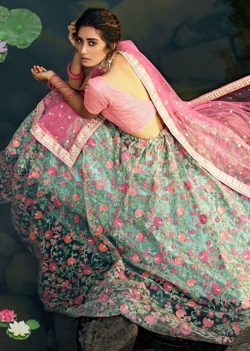 Pista Green & Pink Designer Soft Net Lehenga Choli with Sequins, Thread & Zari work - qivii