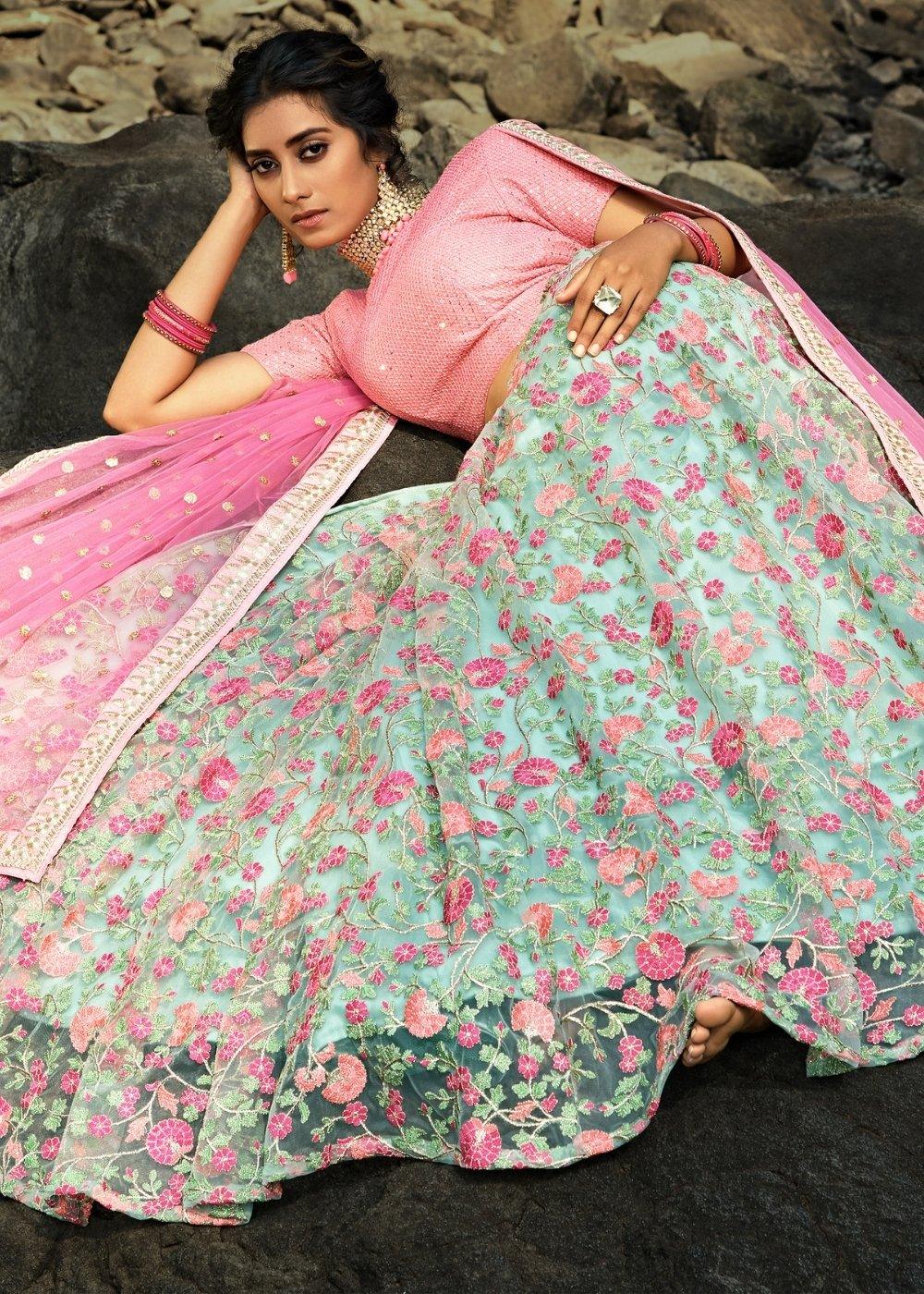 Pista Green & Pink Designer Soft Net Lehenga Choli with Sequins, Thread & Zari work - qivii